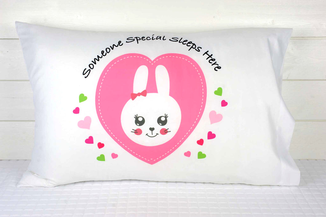 Children's cute bunny inside a heart pillowcase